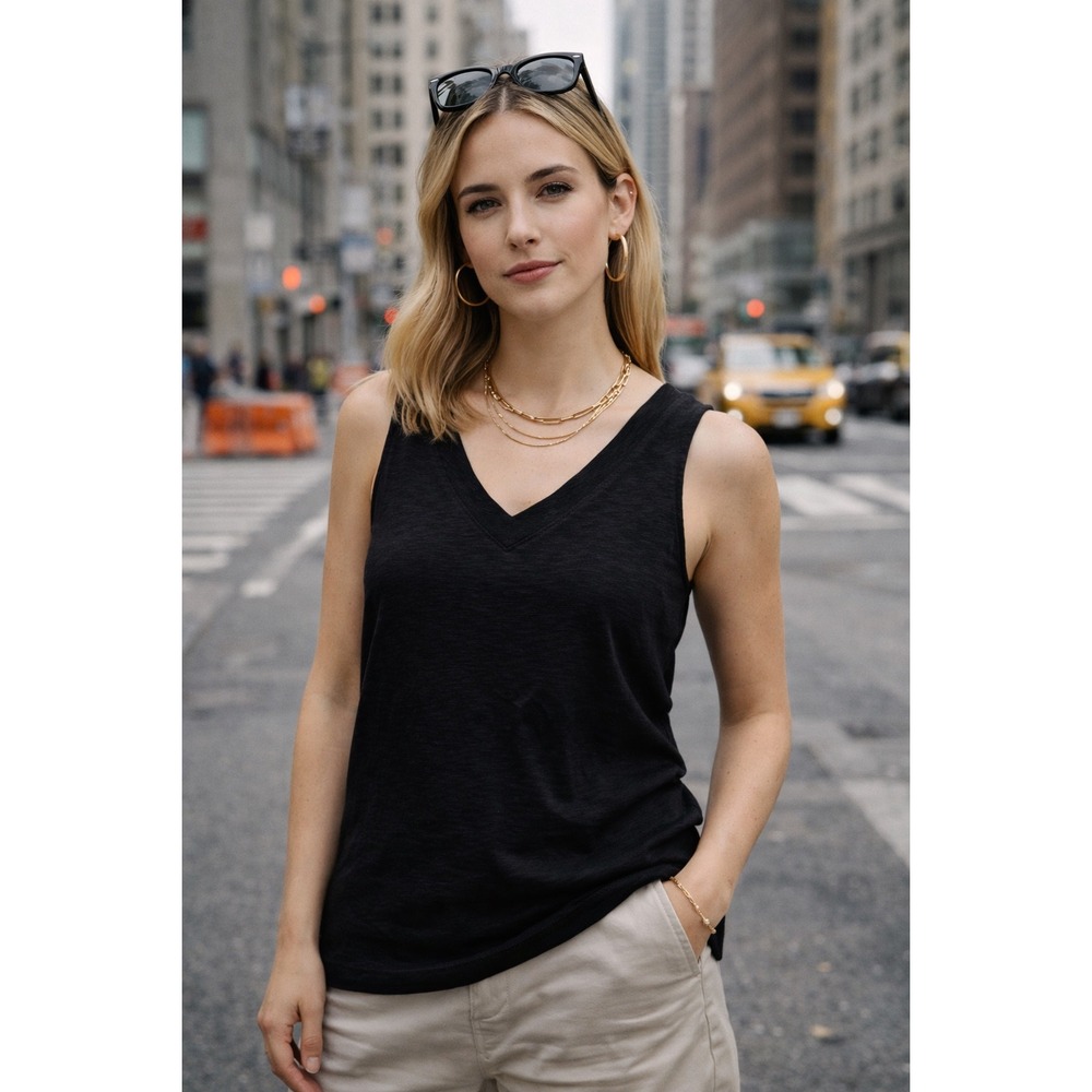 Chico's The Ultimate Tee Cotton Modal Slub Knit V-Neck Tank Top Black Size M